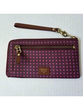 Fossil Wallet Wristlet Purple Pink Polka Dot Zip Around PVC Leather Boho Travel